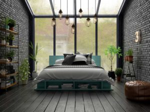 fengshui schlafzimmer mit bett ausrichtung, viel licht und pflanzen im zimmer