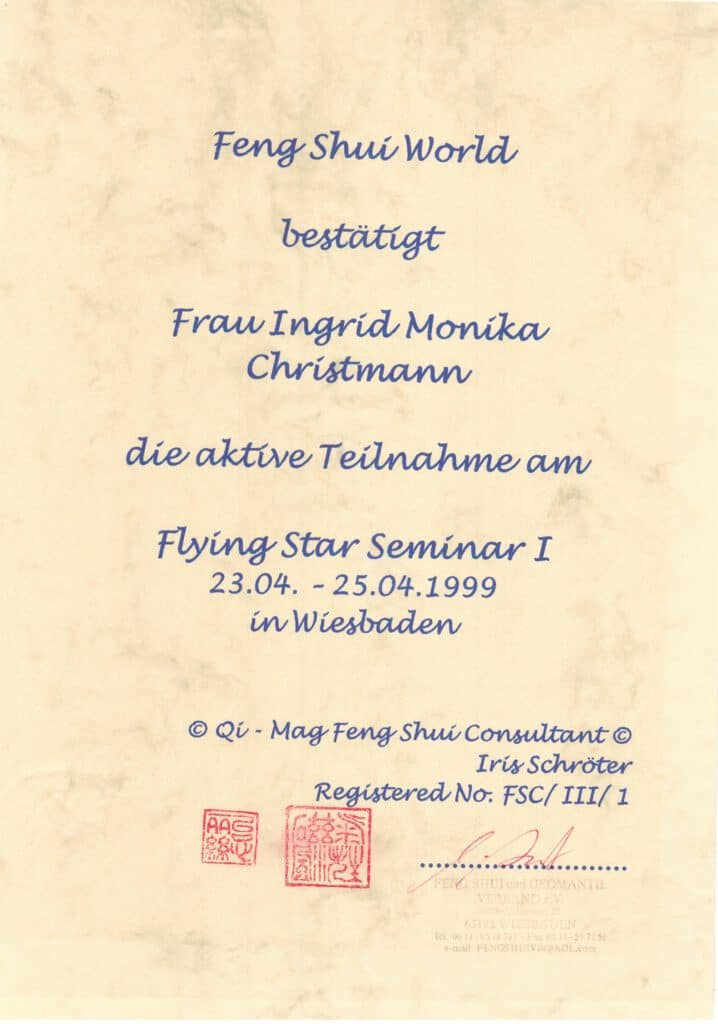 Ingrid Christmann Fengshui World Zertifikat